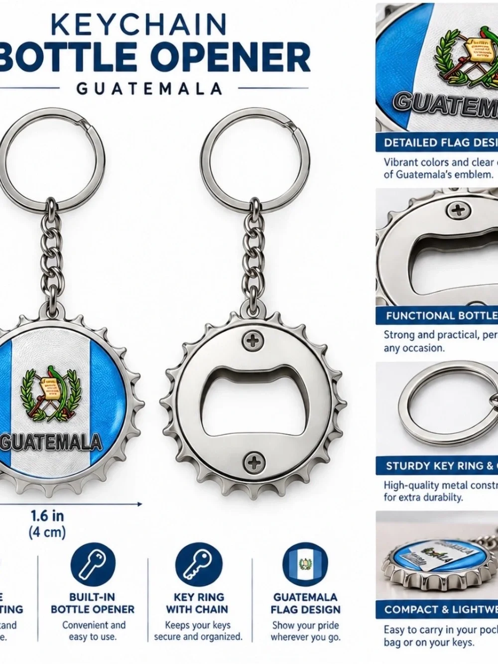 2 pack- Guatemala Flag Bottle Cap Keychain - Silver Keyring (Blue & White)